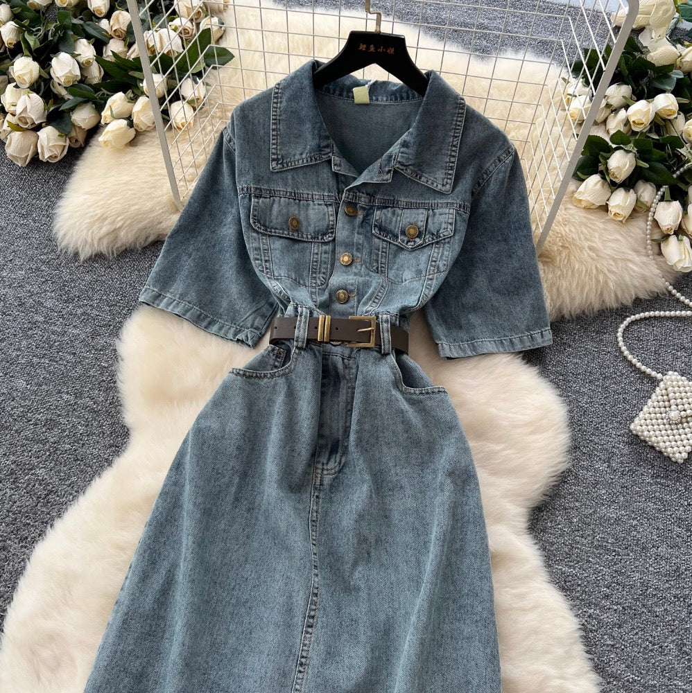 Distressed Vintage Denim Lapeled Dress