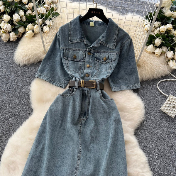 Distressed Vintage Denim Lapeled Dress