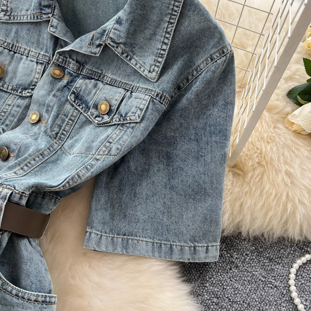 Distressed Vintage Denim Lapeled Dress