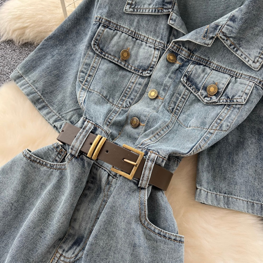 Distressed Vintage Denim Lapeled Dress