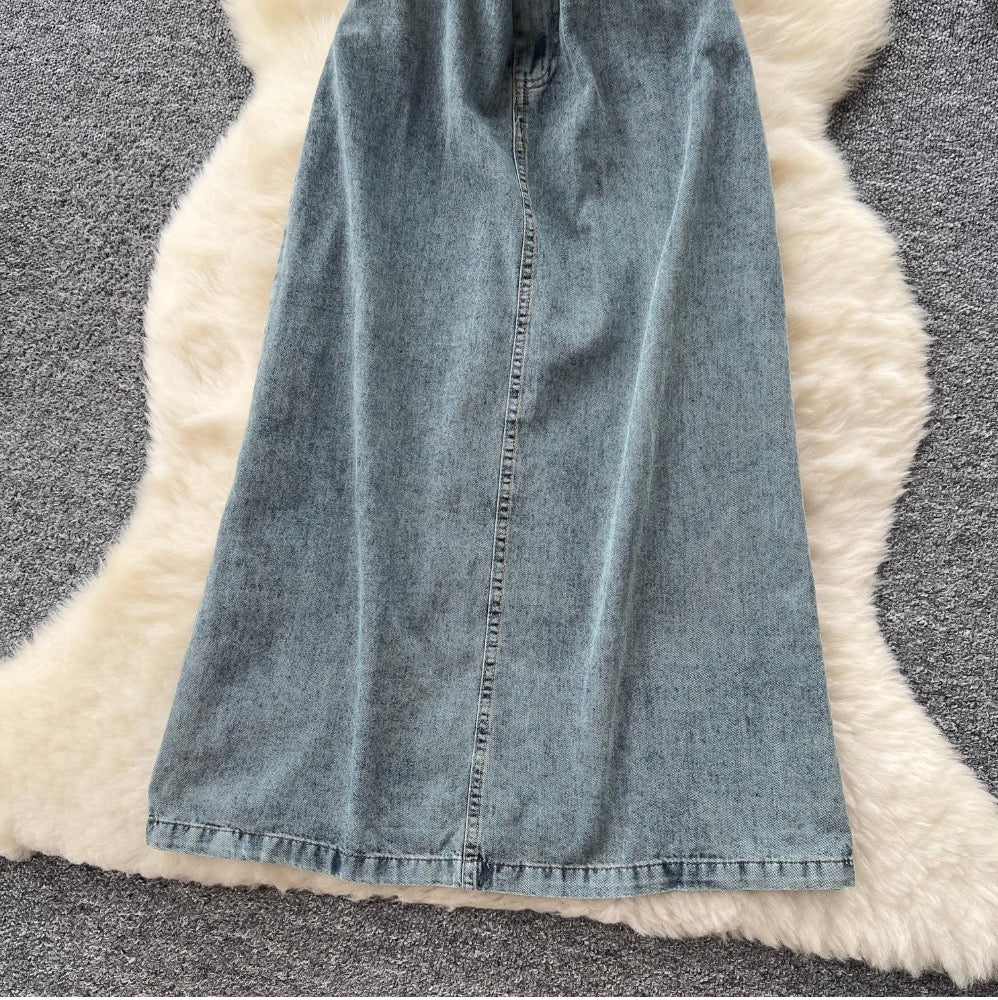 Distressed Vintage Denim Lapeled Dress