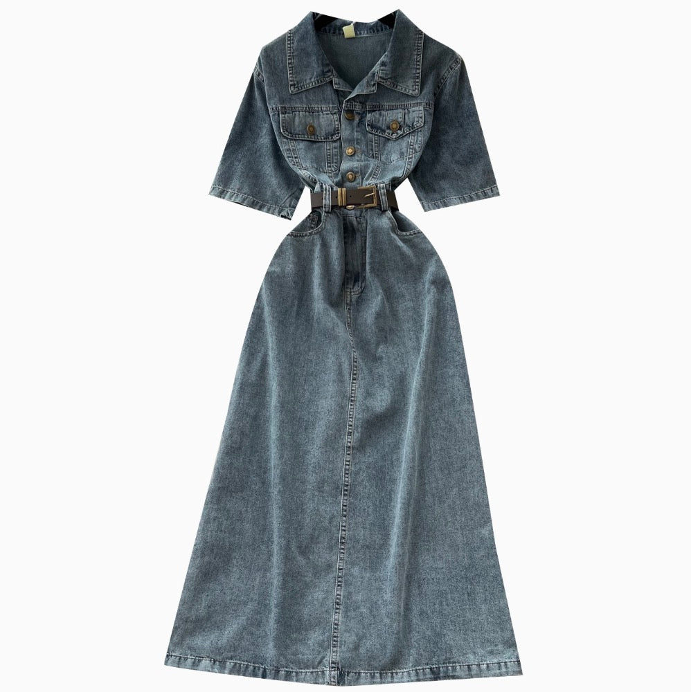 Distressed Vintage Denim Lapeled Dress