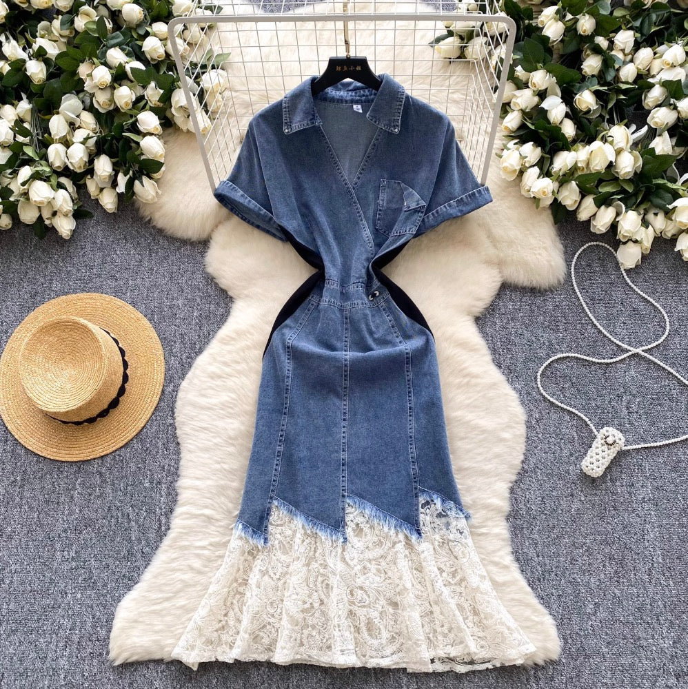 Mesh Pendulum Denim Patchwork Dress