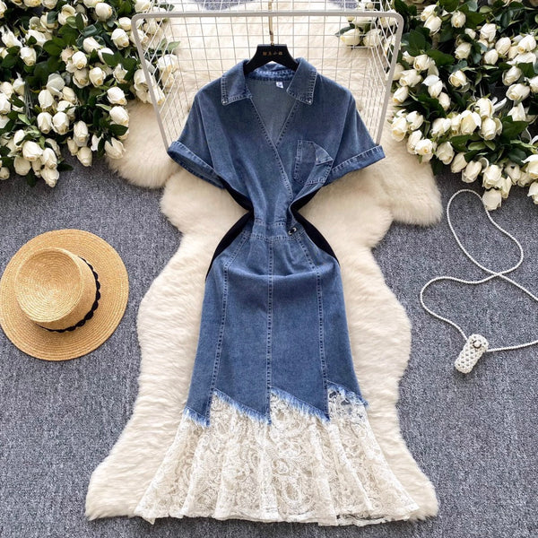 Mesh Pendulum Denim Patchwork Dress