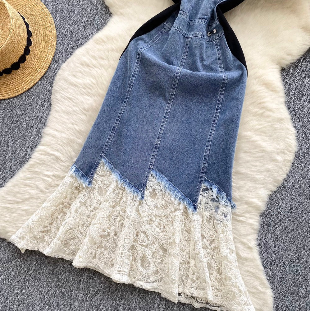 Mesh Pendulum Denim Patchwork Dress