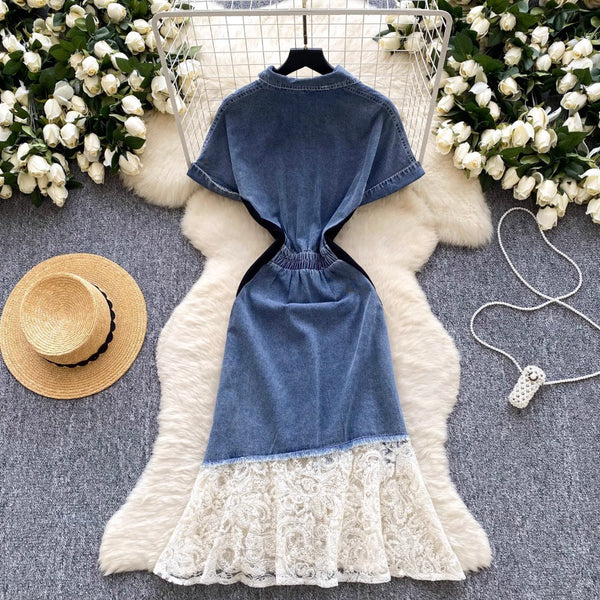Mesh Pendulum Denim Patchwork Dress