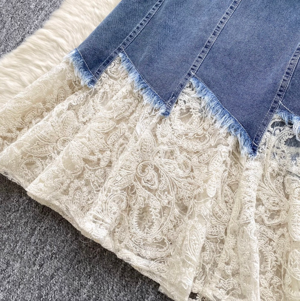 Mesh Pendulum Denim Patchwork Dress