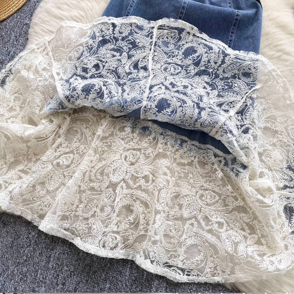Mesh Pendulum Denim Patchwork Dress