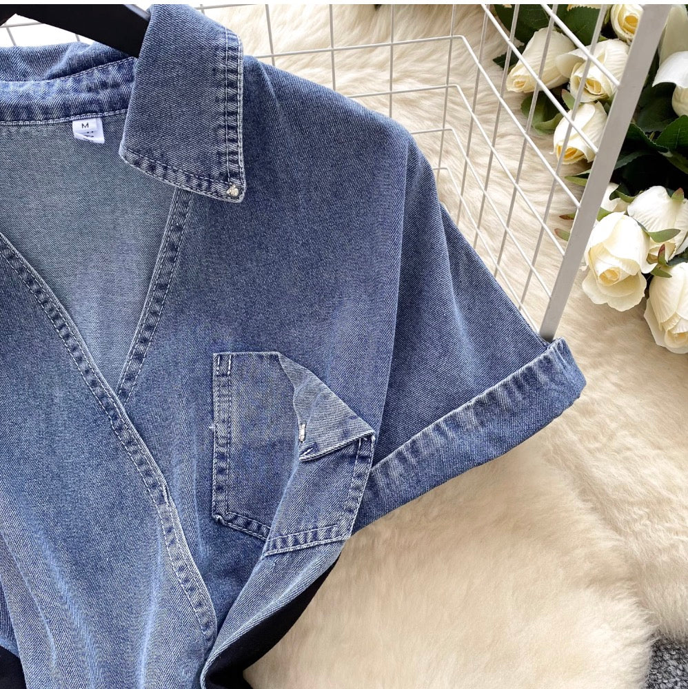 Mesh Pendulum Denim Patchwork Dress