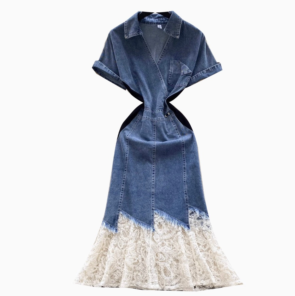 Mesh Pendulum Denim Patchwork Dress