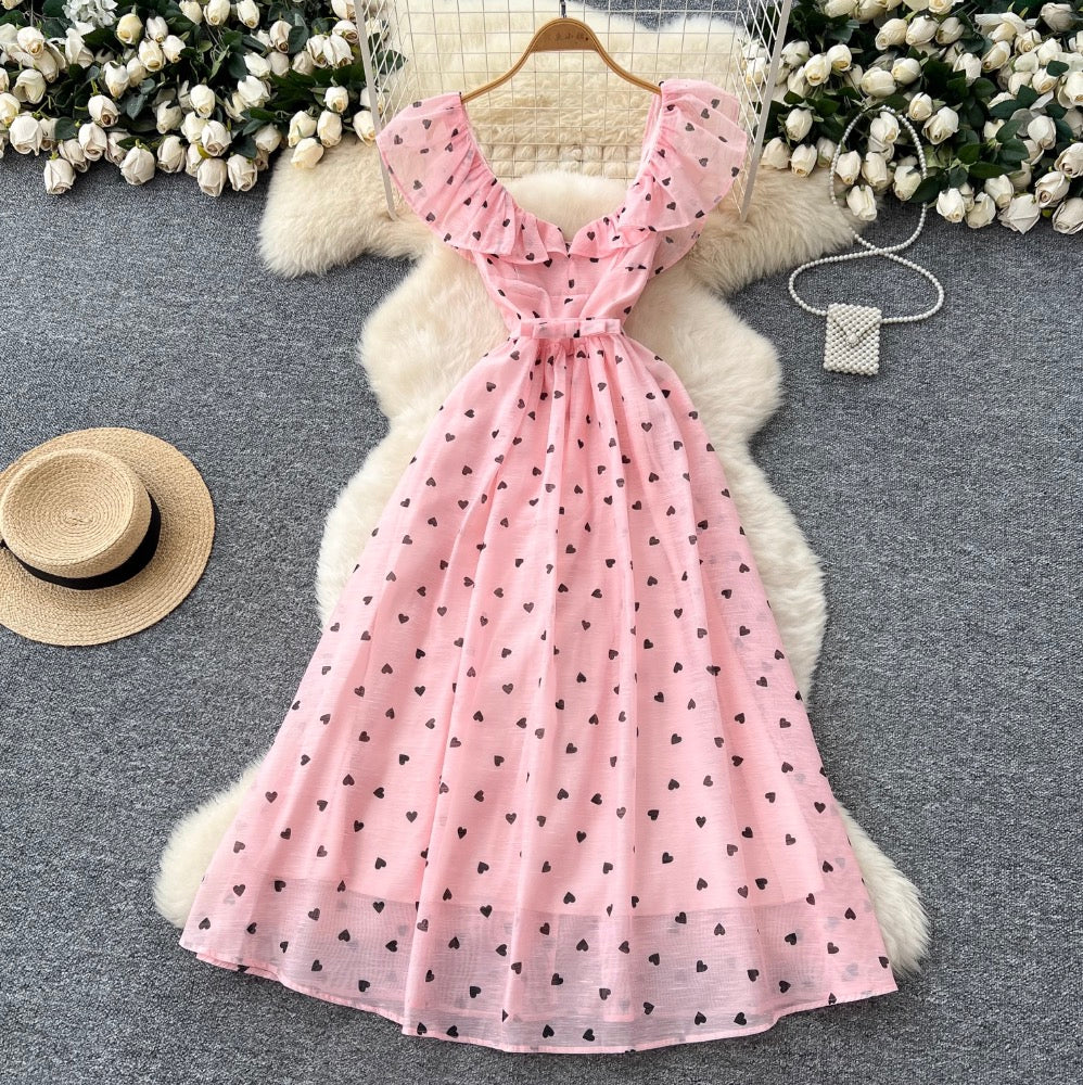 Heart Pattern Printed Ruffled Dress