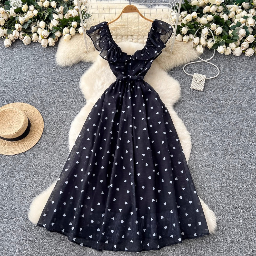 Heart Pattern Printed Ruffled Dress