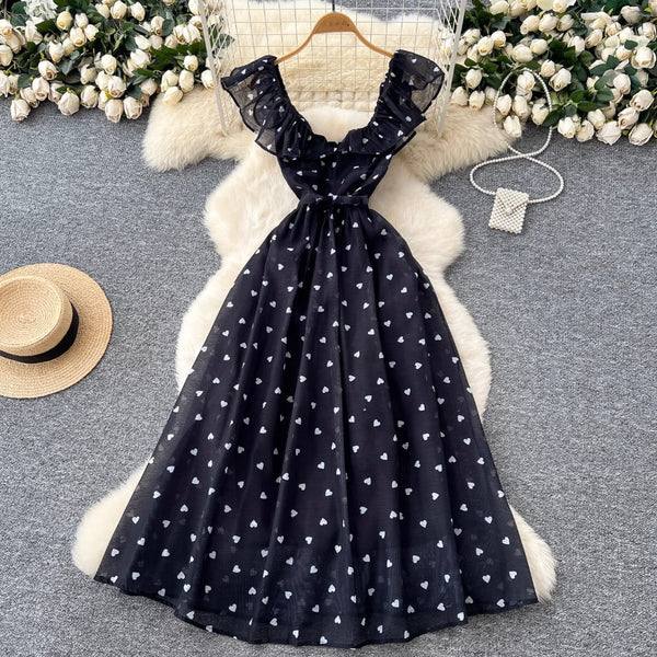 Heart Pattern Printed Ruffled Dress