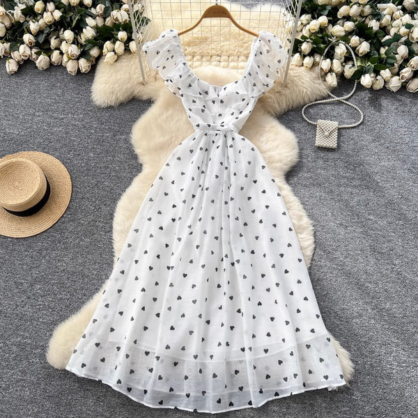 Heart Pattern Printed Ruffled Dress