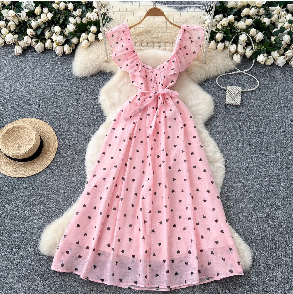 Heart Pattern Printed Ruffled Dress