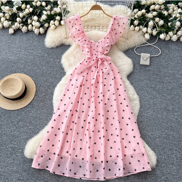 Heart Pattern Printed Ruffled Dress