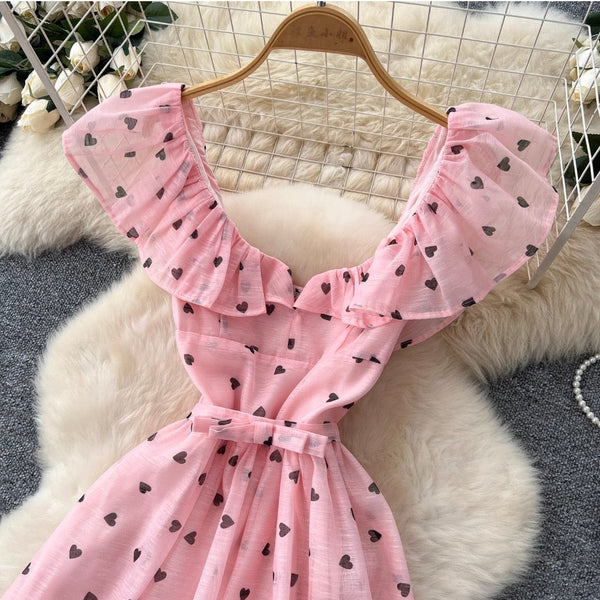 Heart Pattern Printed Ruffled Dress
