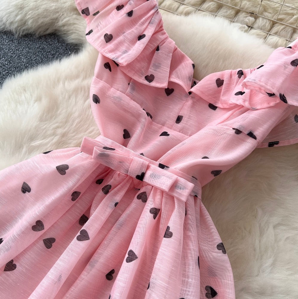Heart Pattern Printed Ruffled Dress