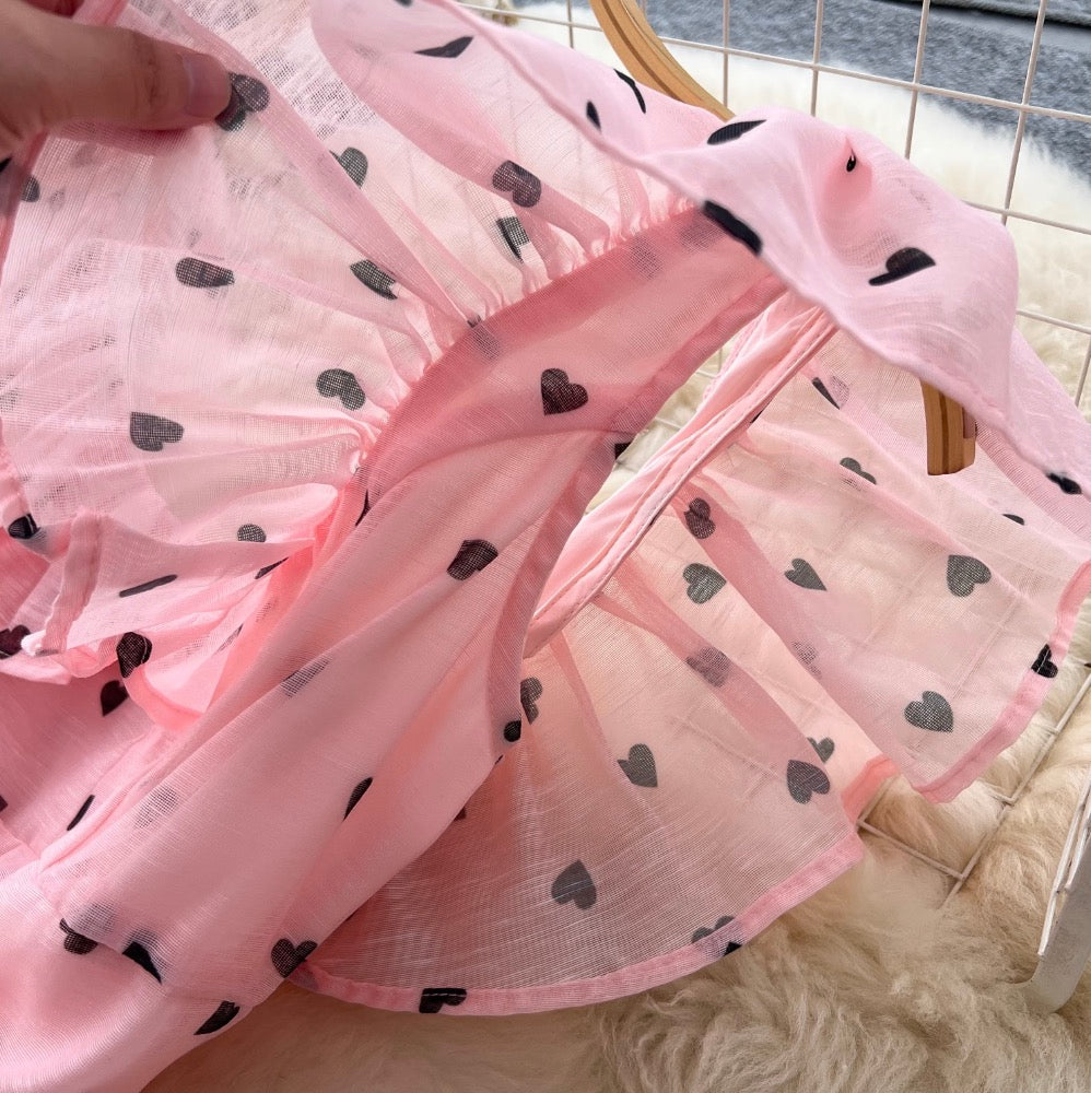 Heart Pattern Printed Ruffled Dress