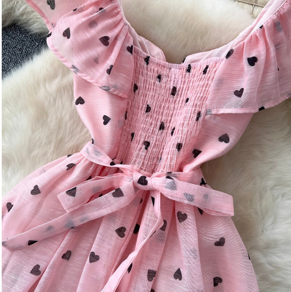 Heart Pattern Printed Ruffled Dress