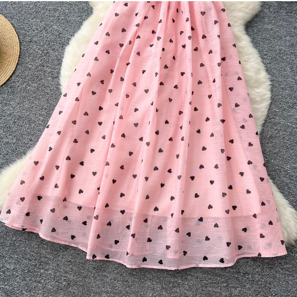 Heart Pattern Printed Ruffled Dress