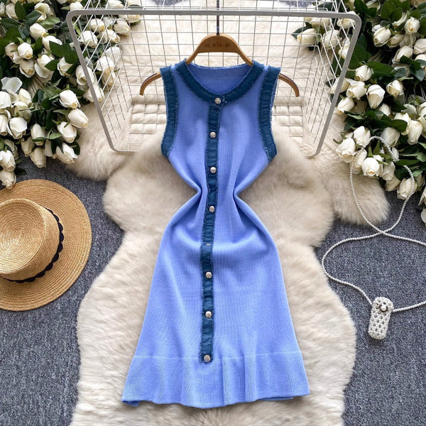 Color-blocking Denim Patchwork Knitted Dress