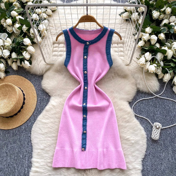 Color-blocking Denim Patchwork Knitted Dress