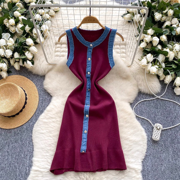 Color-blocking Denim Patchwork Knitted Dress