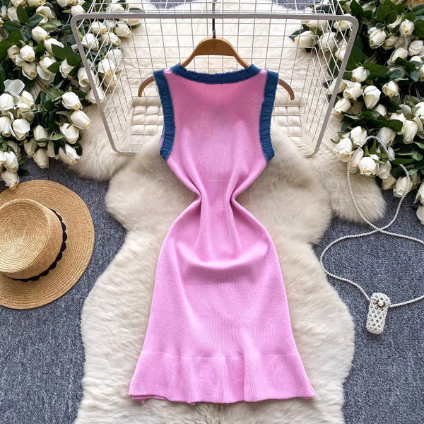 Color-blocking Denim Patchwork Knitted Dress