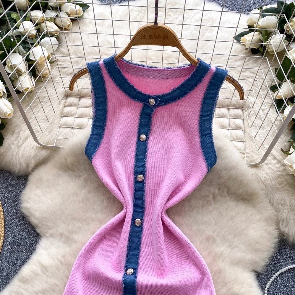 Color-blocking Denim Patchwork Knitted Dress