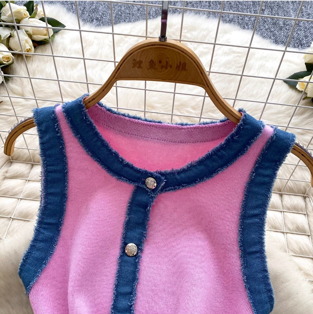 Color-blocking Denim Patchwork Knitted Dress
