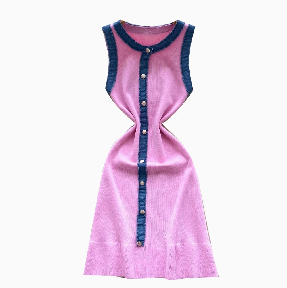 Color-blocking Denim Patchwork Knitted Dress