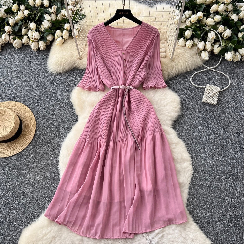 V-neck Pleated Dress with Belt