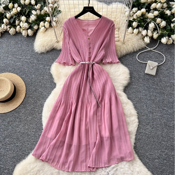 V-neck Pleated Dress with Belt