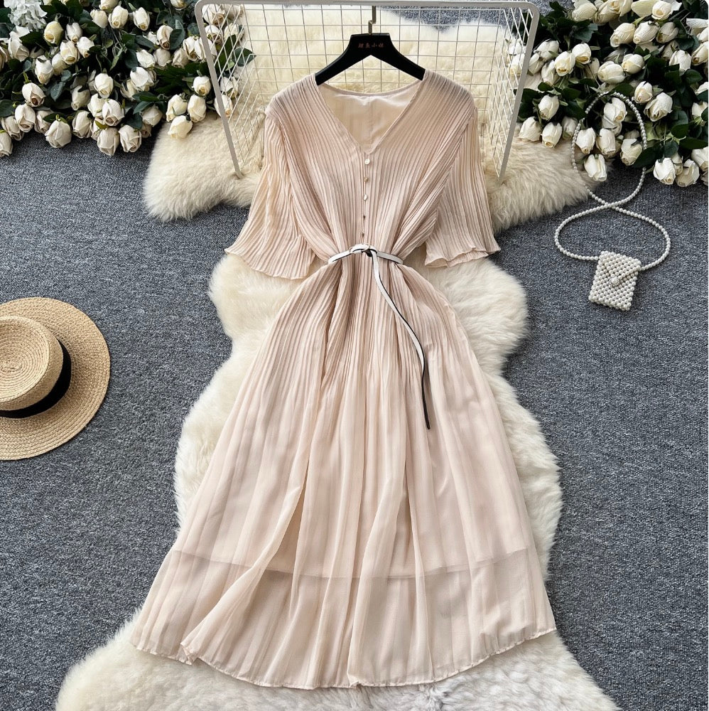 V-neck Pleated Dress with Belt