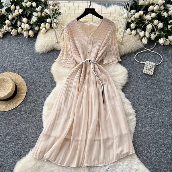 V-neck Pleated Dress with Belt