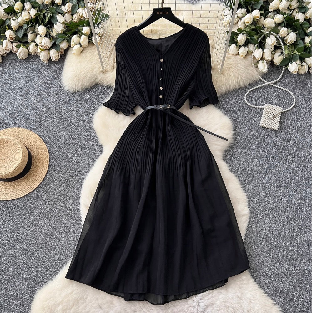 V-neck Pleated Dress with Belt