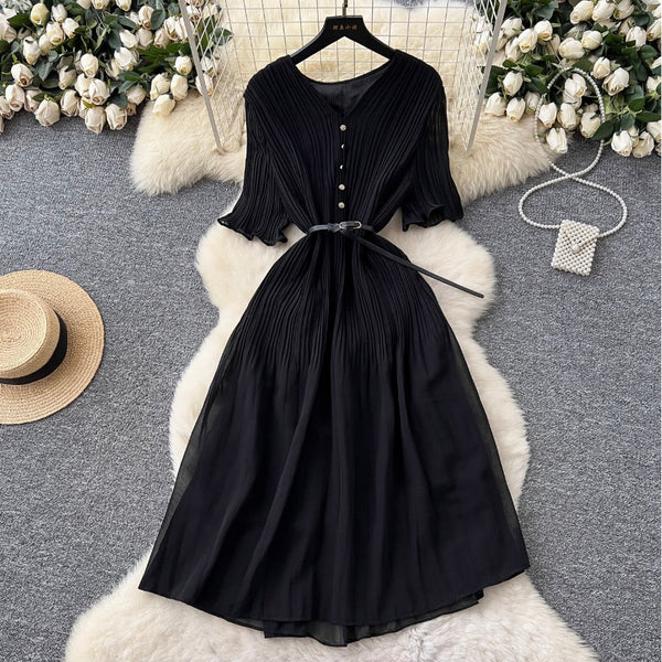 V-neck Pleated Dress with Belt