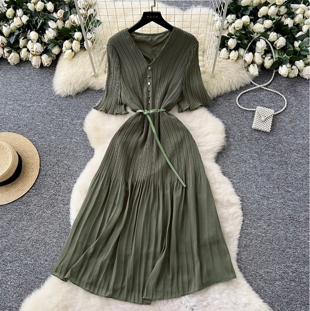 V-neck Pleated Dress with Belt