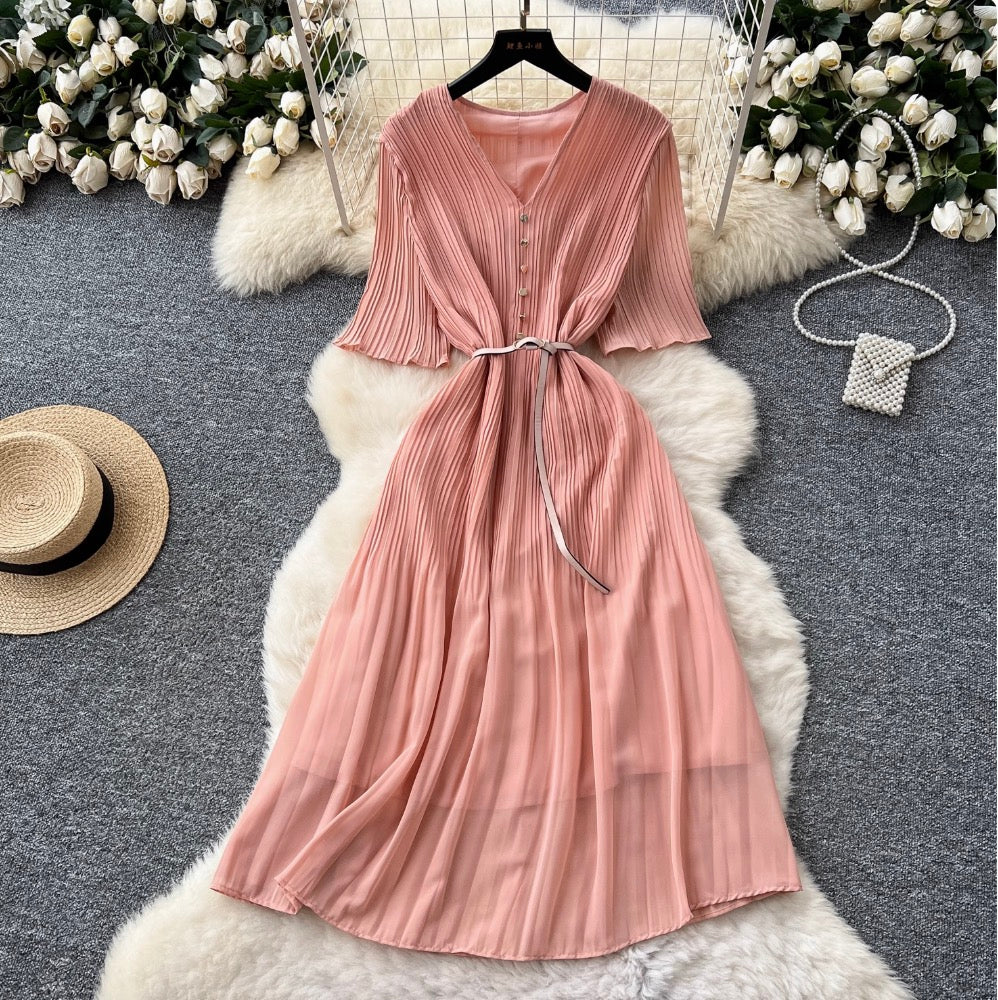 V-neck Pleated Dress with Belt