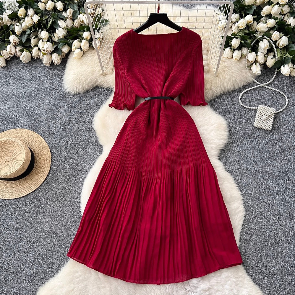 V-neck Pleated Dress with Belt