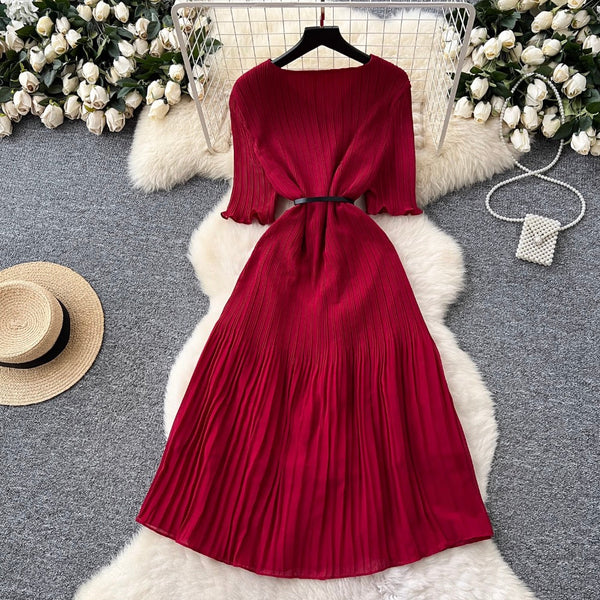 V-neck Pleated Dress with Belt