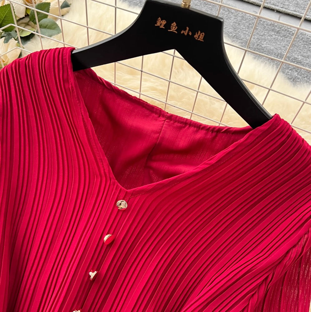 V-neck Pleated Dress with Belt