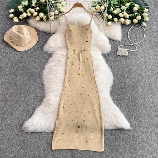 Chic Beaded Knitted Slip Dress