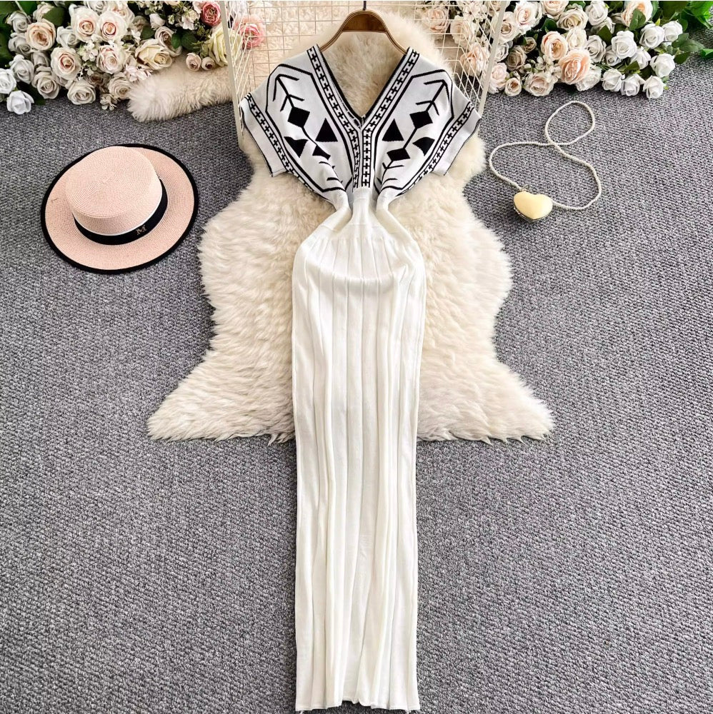 Premium V-neck Printed Knitted Dress