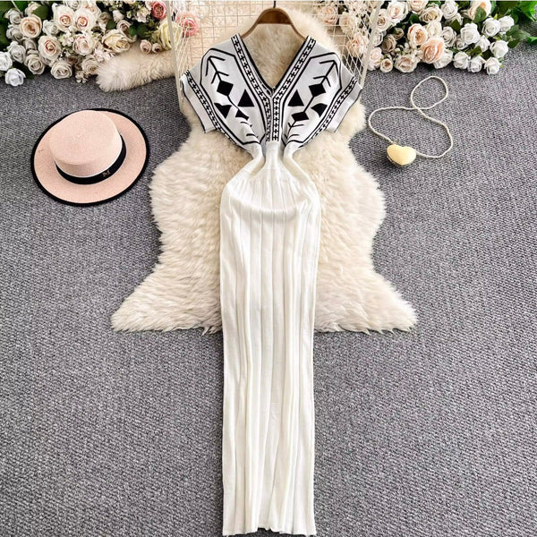 Premium V-neck Printed Knitted Dress