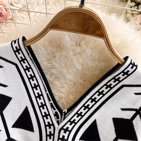 Premium V-neck Printed Knitted Dress