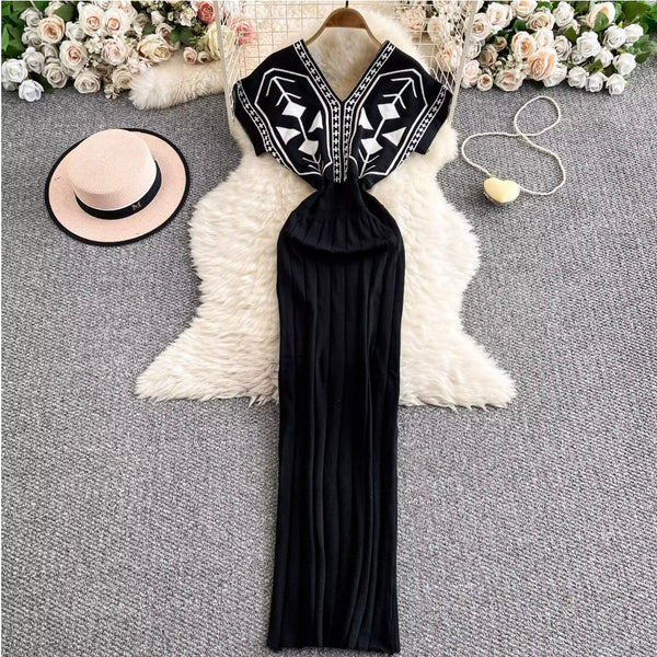 Premium V-neck Printed Knitted Dress