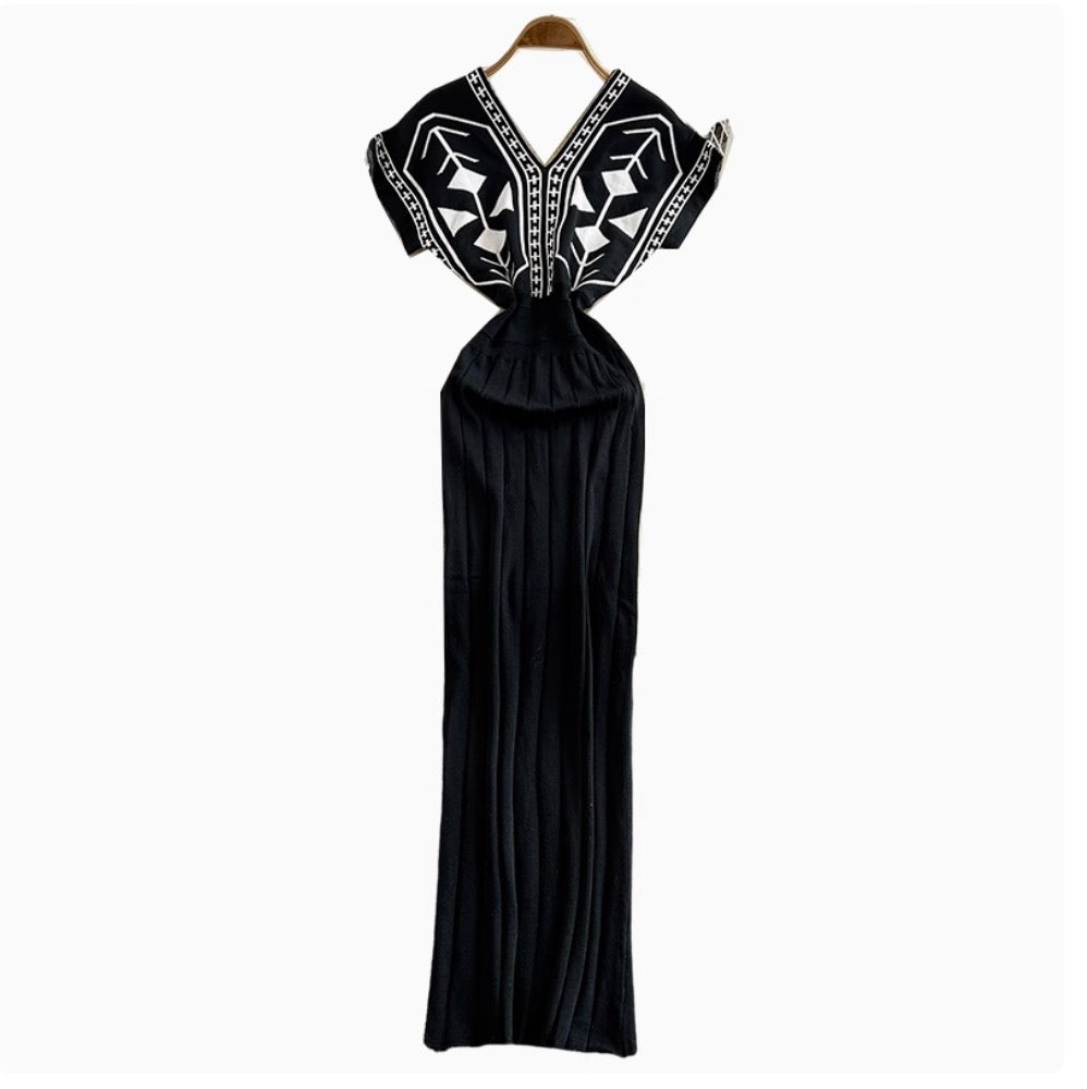 Premium V-neck Printed Knitted Dress