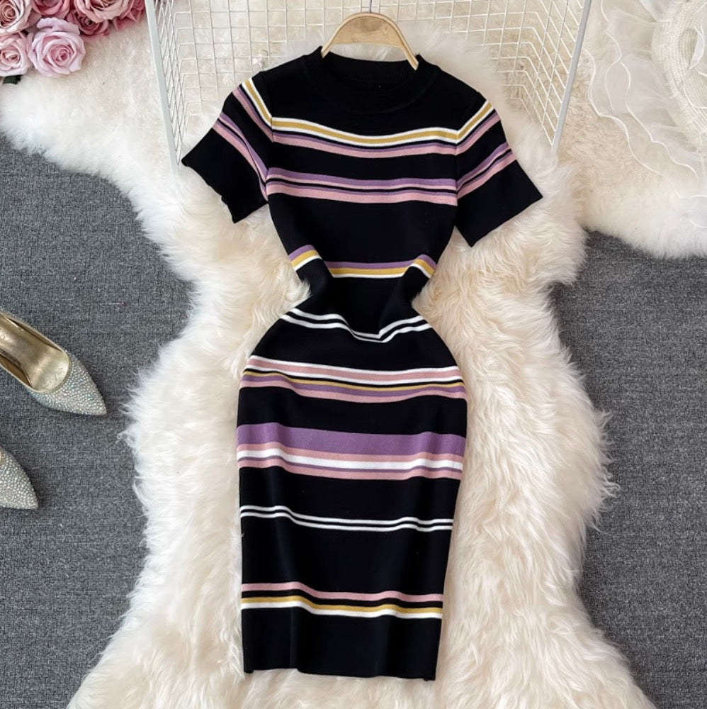 Sweetie Color-blocking Striped Knitted Dress